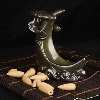 

Curved Moon Ceramic Backflow Incense Burner Creative Home Decor Smoke Waterfall Incense Holder Censer + 10pcs Incense Cones