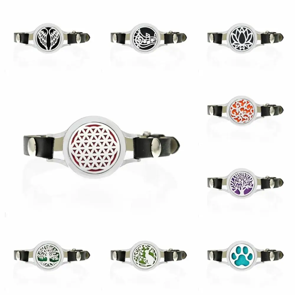 

25mm Tree Lotus flower of life Aroma Essential Oil diffuser Charm Bracelet Women twist PU leather Bracelet 7 colors can choose