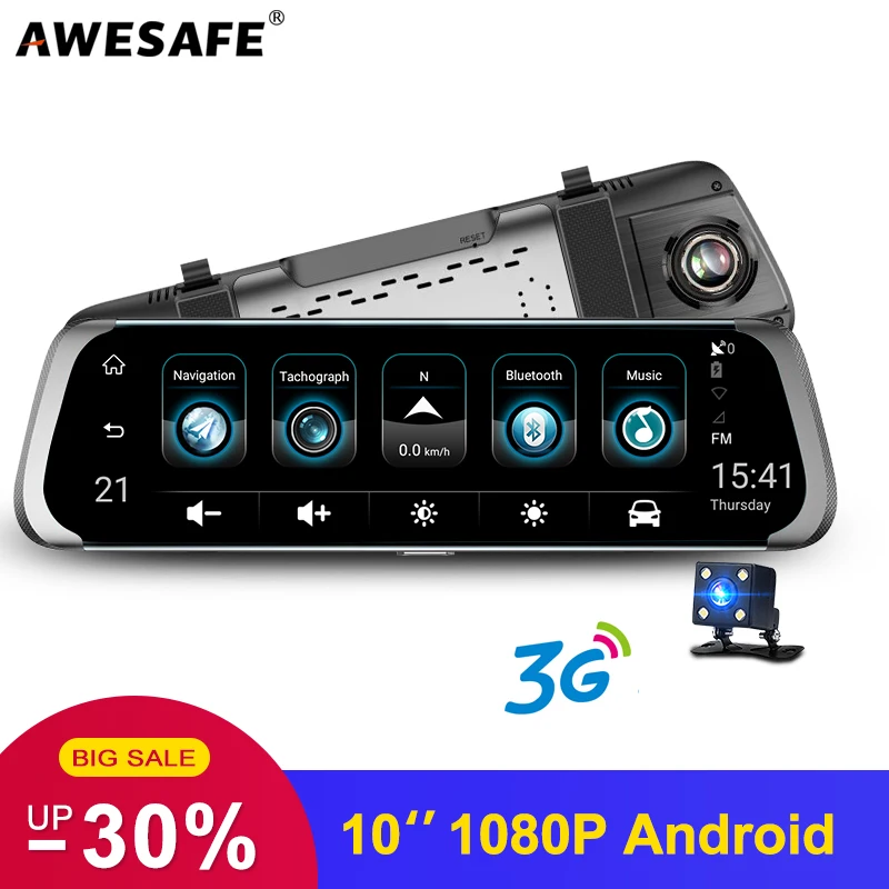 AWESAFE 10 &quotрегистраторы поток медиа 3g зеркало заднего вида Full HD 1080 P Wi Fi DVR двойной len
