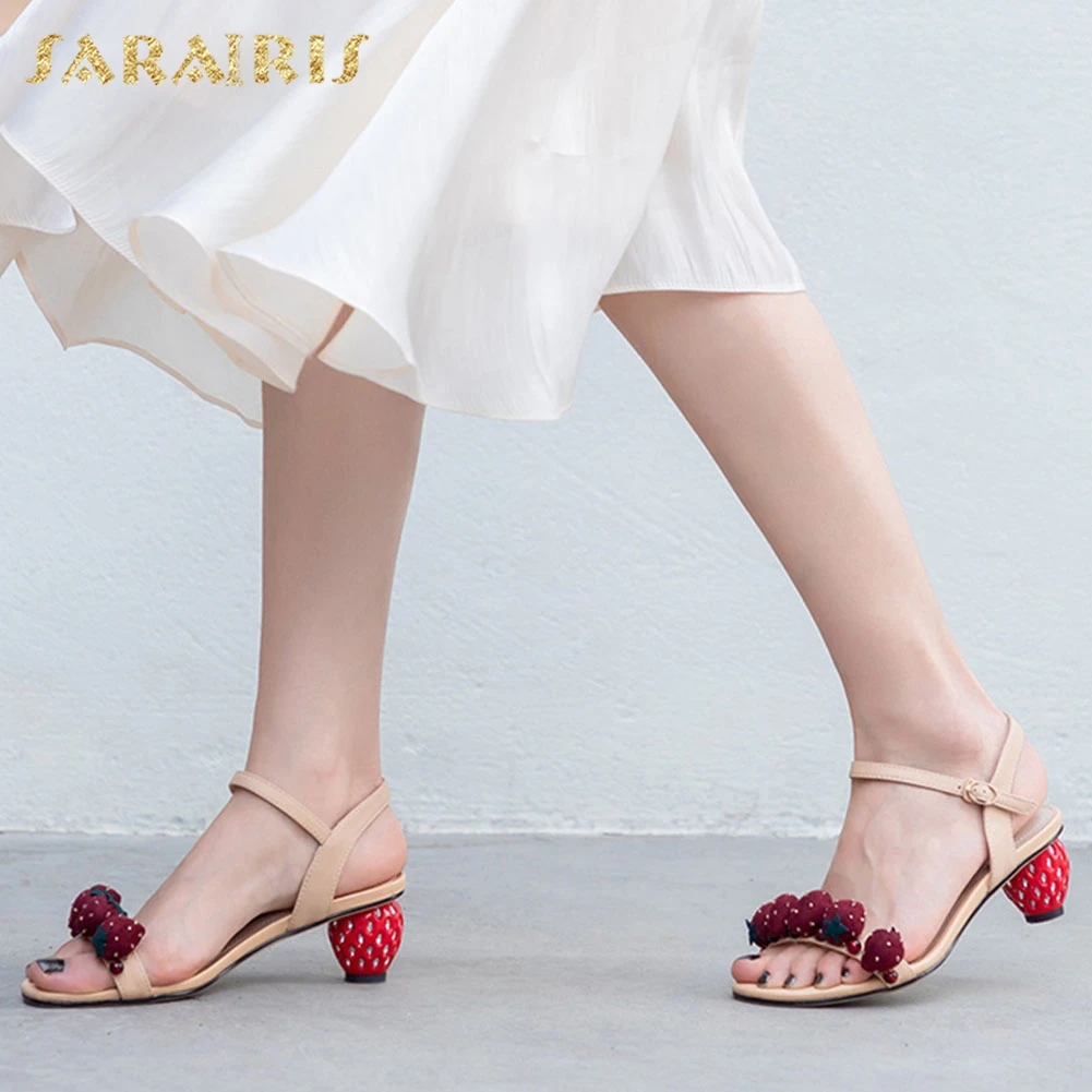 

Sarairis New Fashion women's Genuine Cow Leather Ladies Sweet Strawberry Heels Shoes Woman Casual Party Summer Sandals 2019