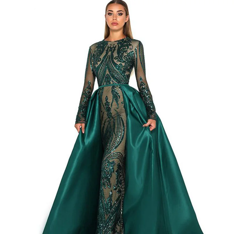 Зеленое мусульманское вечернее платье с длинными рукавами, платье русалки с блестками, вечернее платье в арабском и Саудовской Аравии, платье для выпускного вечера, Robe de Soiree