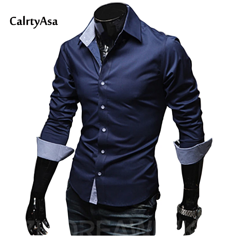 2018 Fashion Unique Button Solid Dress Mens Shirts Asian Size 3XL Long