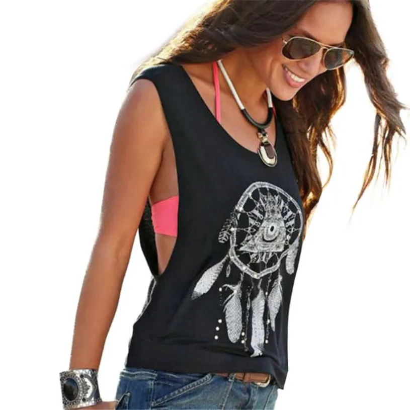 

2018 Summer Sexy Women Dreamcatcher Printed Tops Crop Tank Vest Shirt Sleeveless Vest Workout Top Exercise T-shirt t517 t517