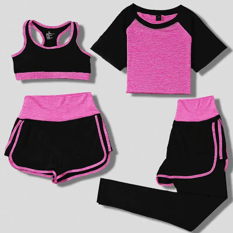 

4 Piece Set Pink Sportswear Top Women Shorts Sweatshirt Trousers Bra Activewear High Waist Fitness Leggings Pants Yoga Suit Wear