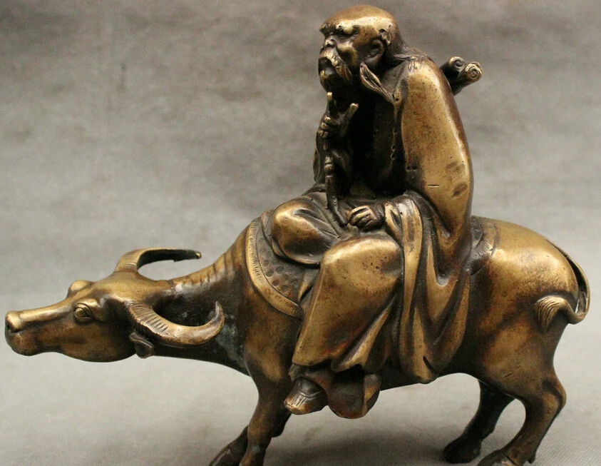 

S2375 10" Chinese Bronze Taoism God RuYi Lao-tzu LaoZi God Ride Bull Statue Sculpture D0318