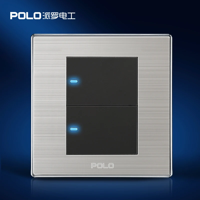 

Free Shipping, POLO Luxury Wall Light Switch Panel, 2 Gang 1 Way, Champagne/Black, Push Button LED Switch, 16A, 110~250V, 220V