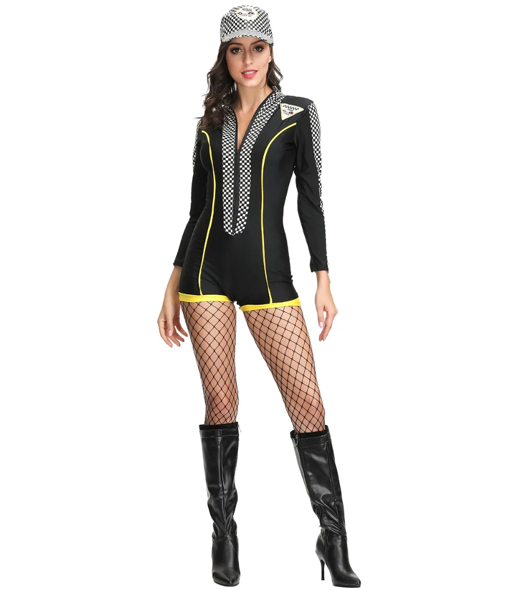 Black Sexy Plaid Super Race Car Driver Sport Short Jumpsuit Costume Long Sleeves Racing Girl Cheerleader Costume Uniform And Hat