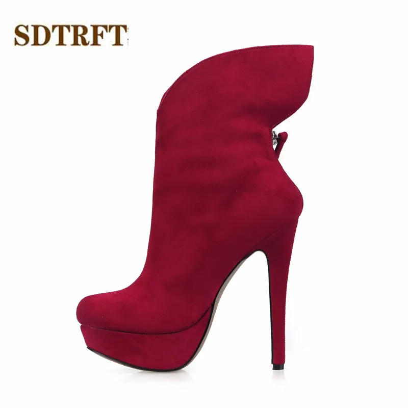 

SDTRFT Stilettos 14cm Thin High-Heeled Ankle boots RED shoes Woman Crossdresser Botas Mujer Party platforms pumps Plus:35-40