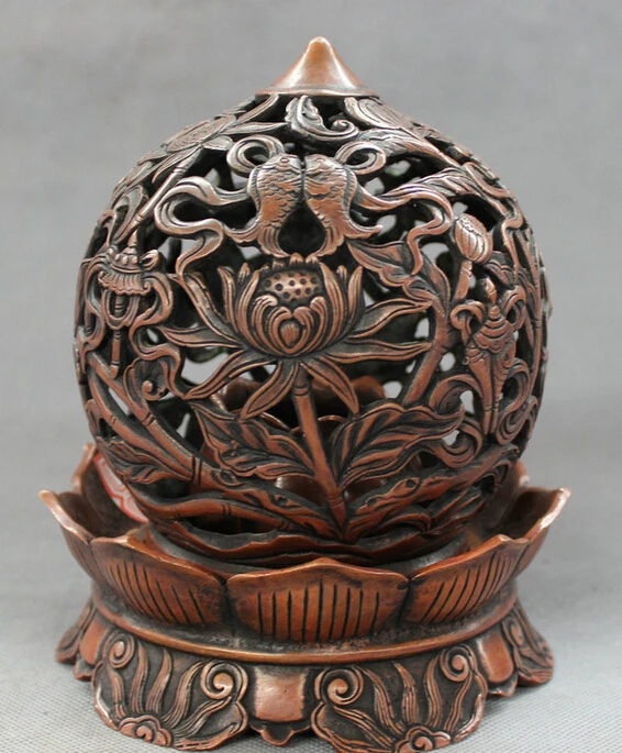 

USPS to USA S1233 Chinese Bronze 8 Auspicious Symbol Statue Buddhism Lotus Incense Burner Censer