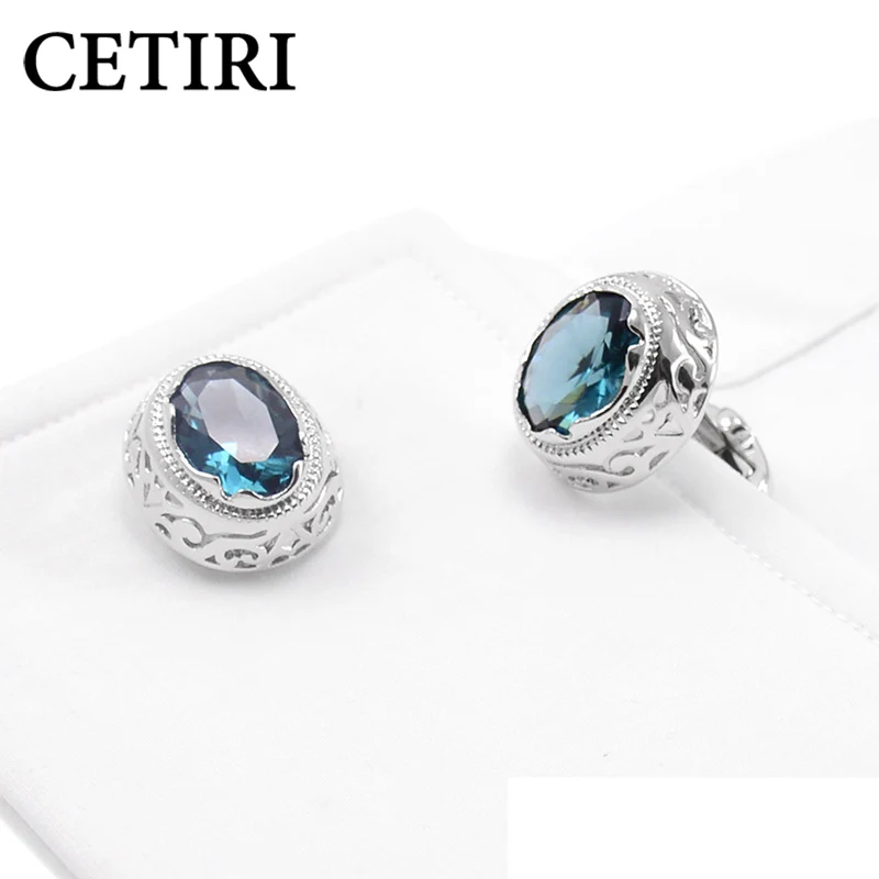 

CETIRI Fashion Red & Blue Zirconia Cufflinks For Mens With Gift Box Retro Crystal Hollow Pattern Cuff Link Jewelry Design