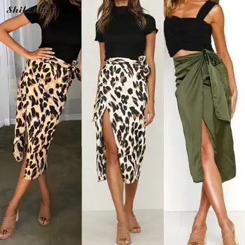 

New Fashion Women Leopard Skirt Slim Wrap Asymmetric Bandage Lace Up Middle Calf Skirts Women Girl Side Split Bodycon Skirts
