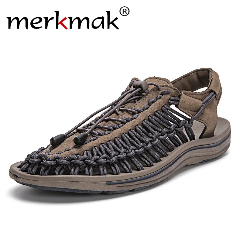 

Merkmak New 2018 Summer Men Sandals Fashion Handmade Weaving Design Breathable Casual Beach Shoes Unique Brand Sandals For Men