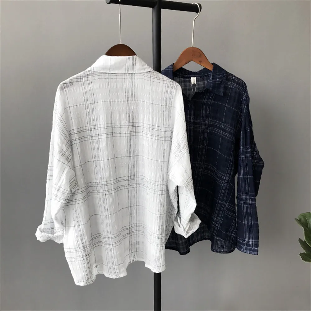 High quality Loose Plaid Women Blouse Shirt Spring Woman Blouses Boyfriend style Lady Elegant Tops Large Casual Chiffon Blusas (2)