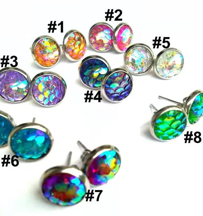 

New Stainless Steel Druzy Resin Mermaid Fish Scale Pattern Dome Seals Cabochon Stud Earrings For Girls Kids 8mm 40pairs lot