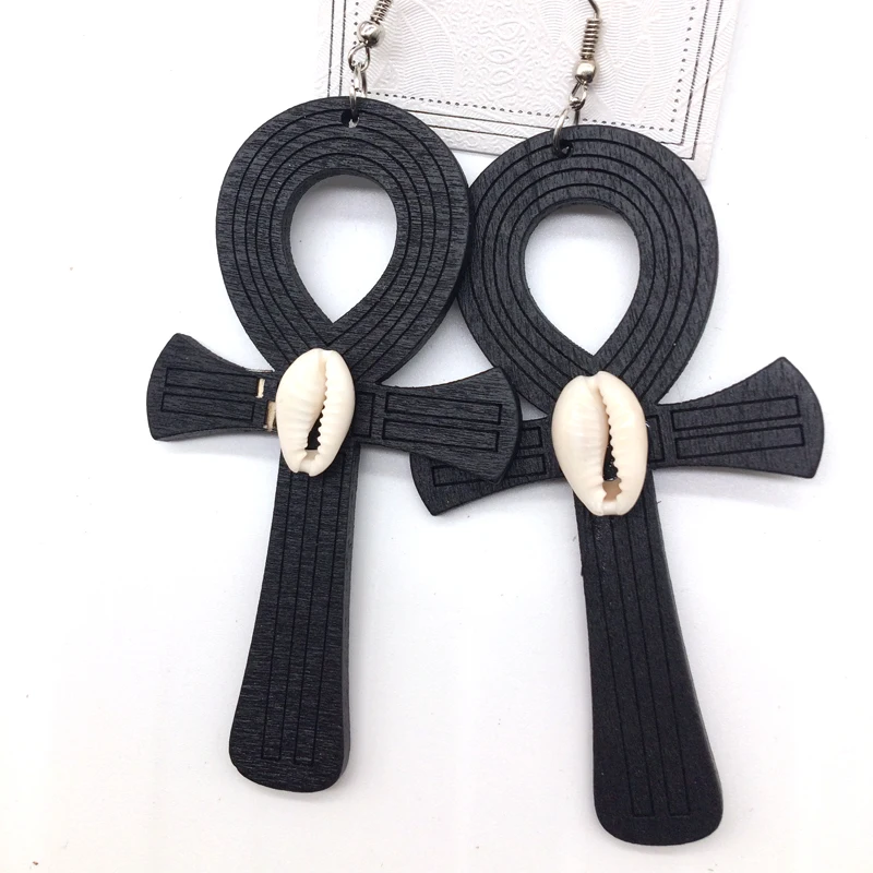 Ankh Ojo de Horus Pendientes de tamaños grandes Pintado Oro De Madera Natural