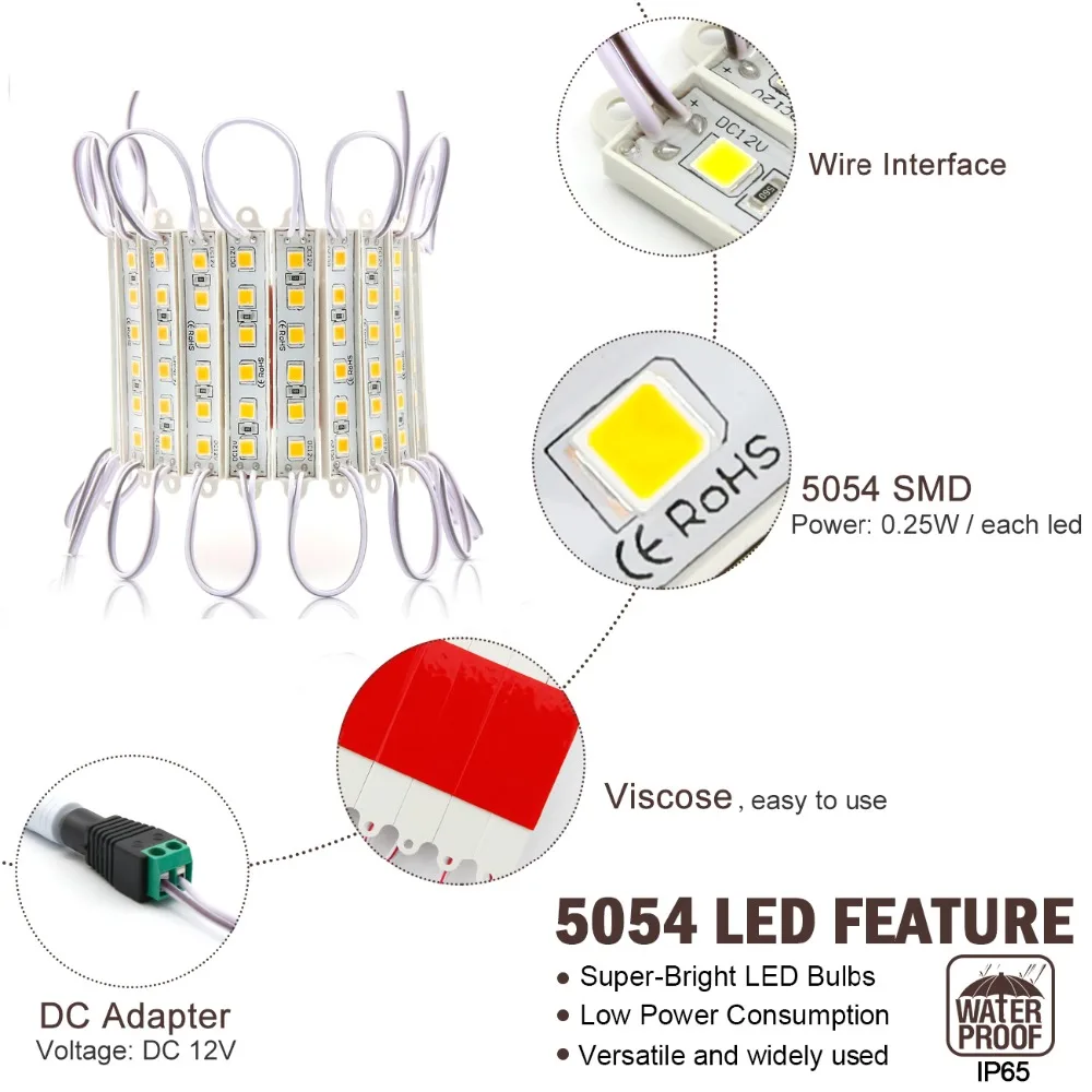 20-100PCS Super Bright LED Module SMD 5054 Warm White Light 6LED DC12V Waterproof Advertising Storefront LED Modules Strip Light (18)