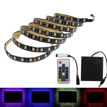 

5050 RGB Battery LED Strip 5V Black PCB Decorative Light 4*AA Battery Operated With 17Key RF Controller