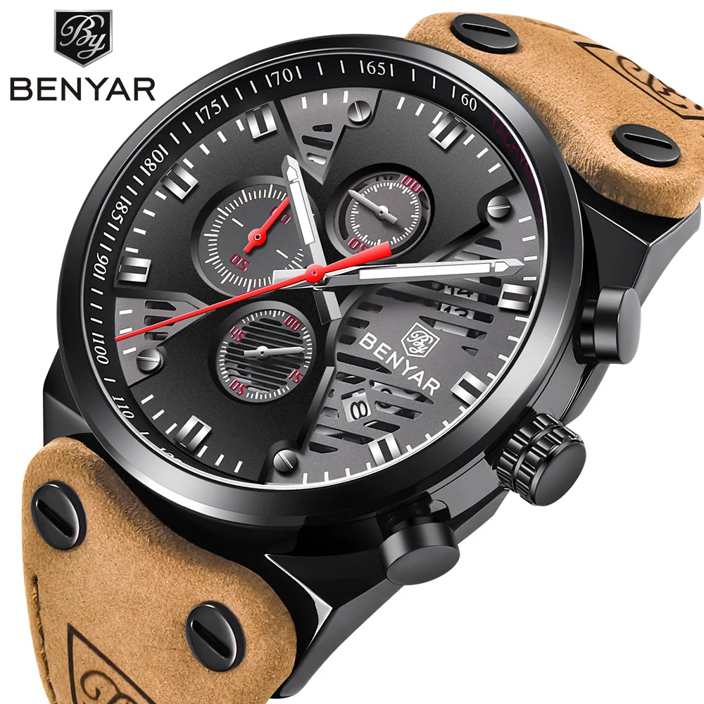 BENYAR Mens Watches Top Brand Luxury Quartz Watch Men Clock Leather Military Waterproof Sport Watch