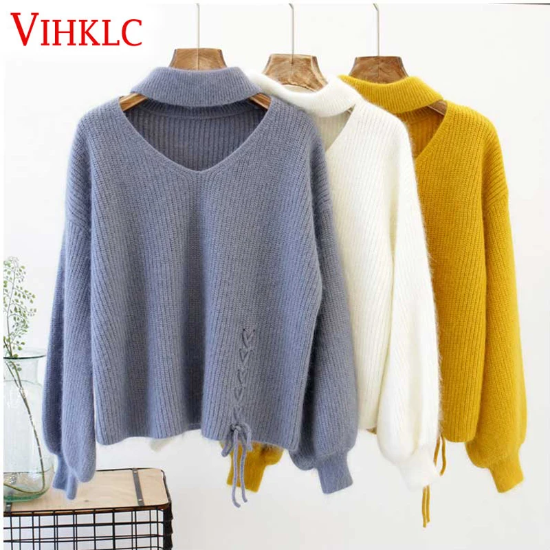 

women's Halter sweaters sexy lantern Sleeve imitation floar fur Female v-neck Sweater Pullovers Winter Autumn warm knit top B104