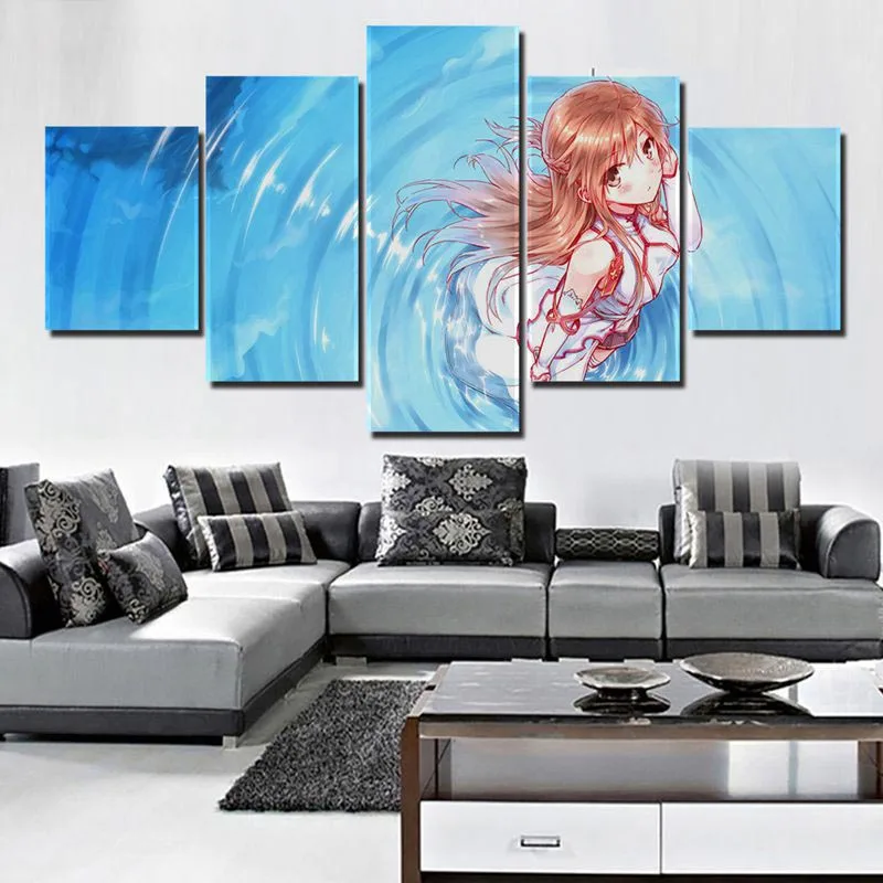 Waliicorners Poster Canvas Pictures Home Decor Paintings 5 Pieces Asuna Sword Art Online Animation Wall Art Prints Hotel Modular Living Room 5