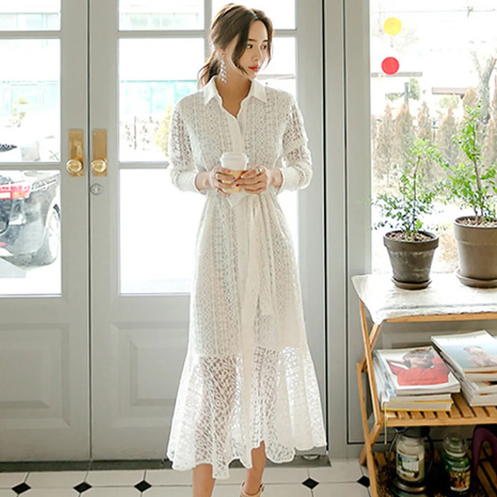 

Women Clothes 2019 Vestido Ladies Office Lace Sexy Long Sleeve Tie Up Button Down Flare Mermaid Dress Vestidos Summer Sundress