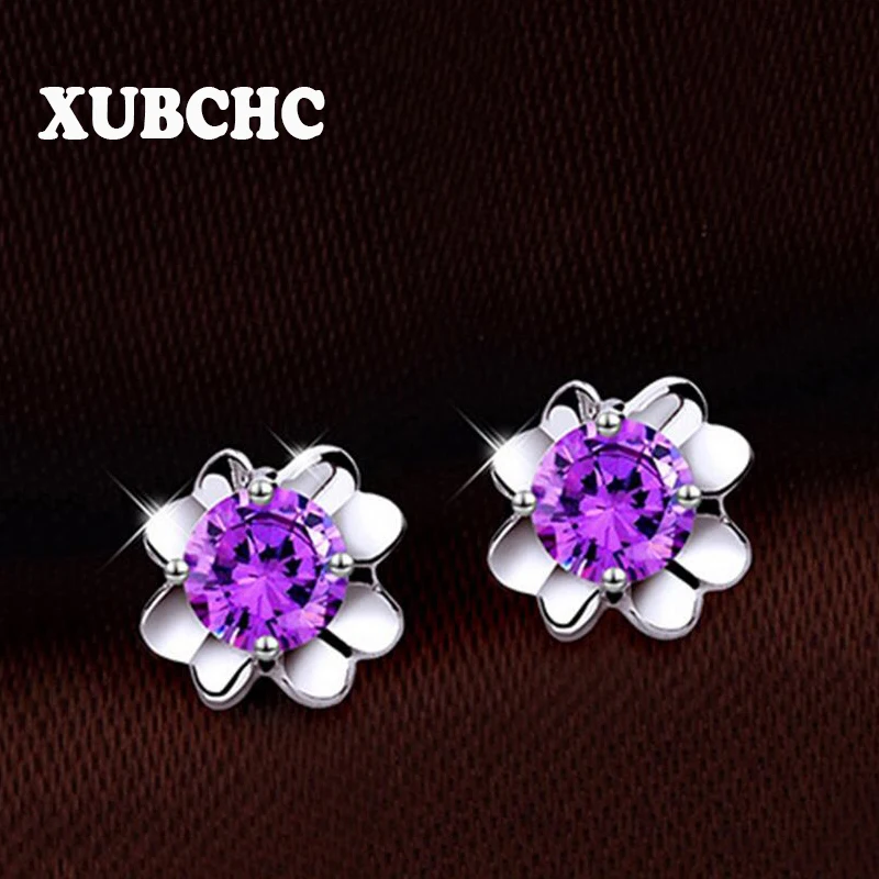 

XUBCHC Trendy 2 Color Light Purple & Silver White Earrings Cute Zircon Flower Earring Fashion Weeding Jewelry for Women