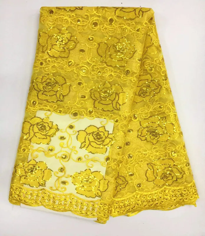 

5 Yards/pc Beautiful yellow french net lace fabric and small sequins flower pattern african mesh lace for party dress BN43-8