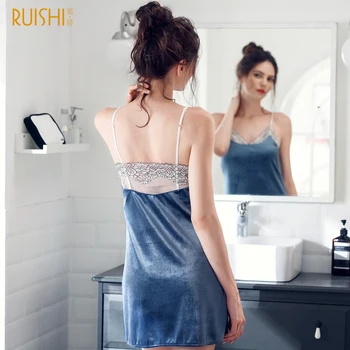 

J&Q 2019 New Women Nightgown Gold Velvet Elegant Cami-Dress Solid V-Neck Spaghetti Strap Classy Lingerie Sexy Negligee Nightgown