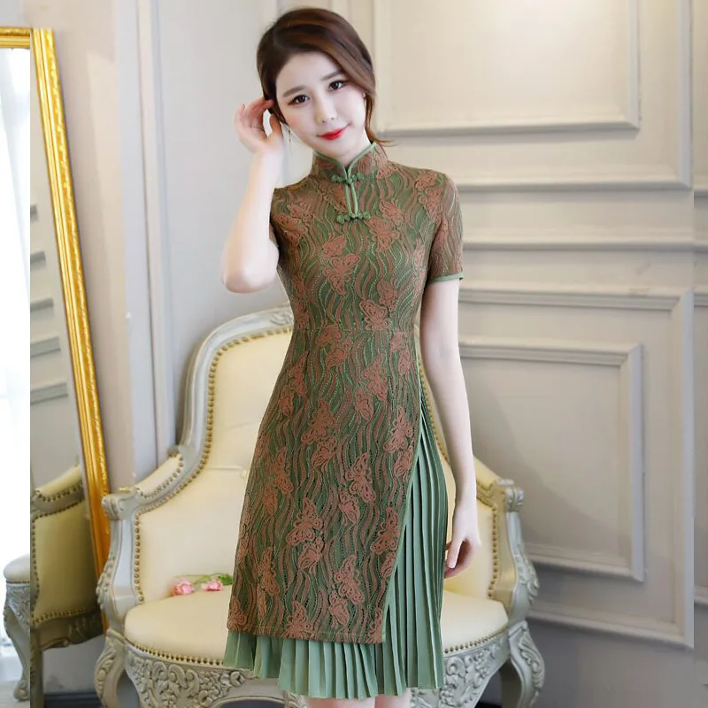 Короткое Стильное женское платье, s m ini Cheongsam, летнее китайское кружевное тонкое платье Qipao, Новое поступление, Vestidos, Размеры s m L XL XXL XXXL 27509A - Цвет: Green 1847