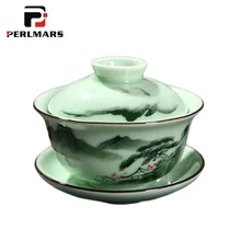 170 мл китайский стиль Longquan Celadon Gaiwan для офиса чайная посуда ручная роспись пейзаж узор Винтаж Улун пуэр чайники