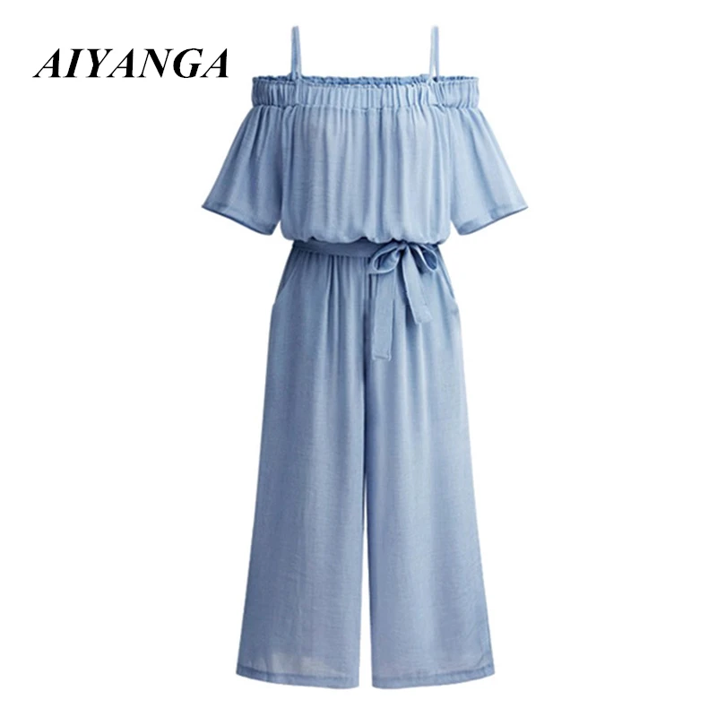 

2018 summer women plus size XXXXL chiffon jumpsuits Slash neck bow tie sashes straps wide leg rompers ladies vintage playsuits