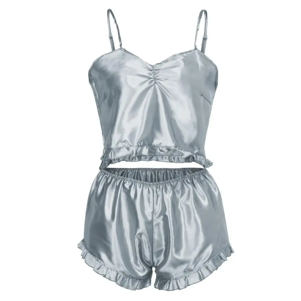 Серебристый camisola de dormir пижамный комплект для сна Сексуальная атласная пижама женская летняя Пижама Femme модная сдельная Пижама женская - Цвет: Серебристый