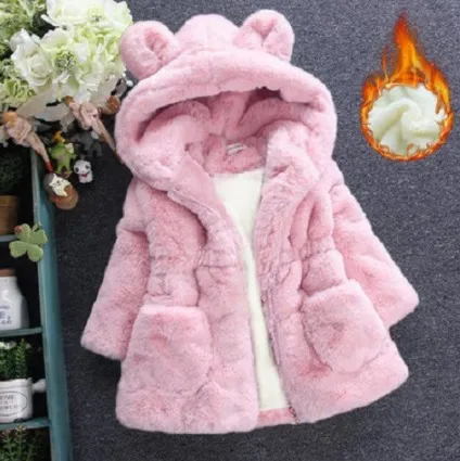 Зимняя одежда для маленьких девочек; флисовые куртки с искусственным мехом; плотное пальто для младенцев; теплая детская куртка с заячьими ушками; Рождественский зимний комбинезон; Верхняя одежда для девочек - Цвет: thickened pink