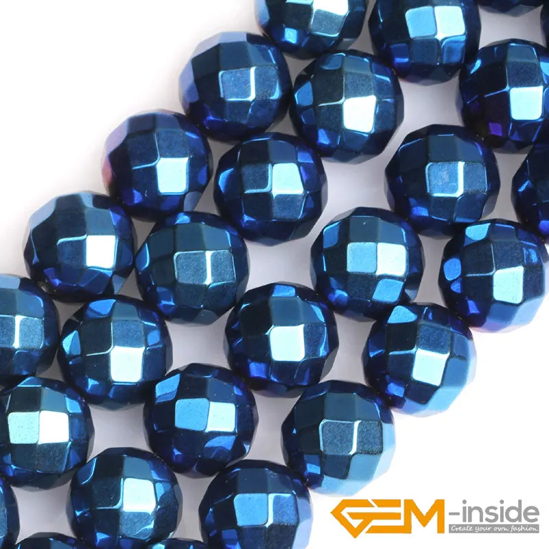 12mm15mm Blue Metallic Coated Round Shape Faceted Hematite