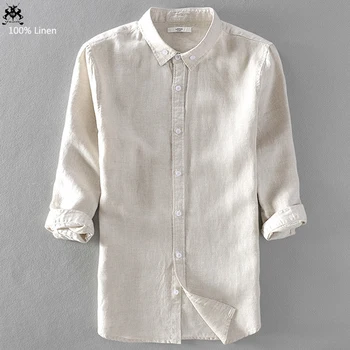 

100% Linen High quality 2020 New Mens seven-quarter sleeve solid color shirts casual mens linen shirts fashion slim mens shirts