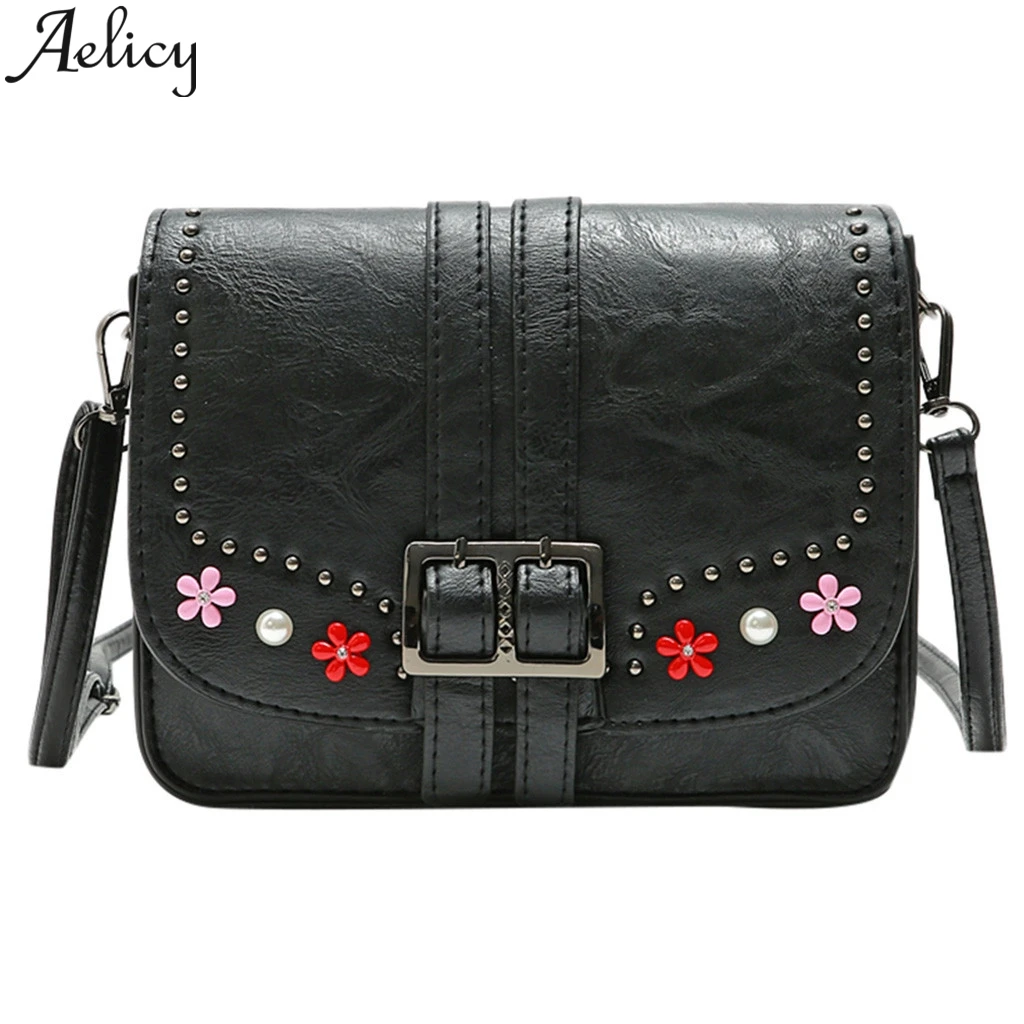 Aelicy женские сумки-мессенджеры с заклепками и цветком, одноцветная кожаная сумка на плечо, женская сумка-тоут, сумка для телефона и кошелек, модная - Цвет: BK