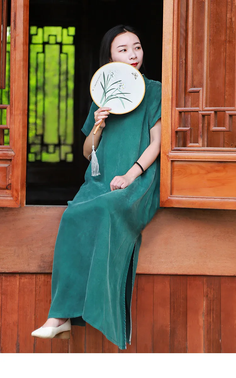 LZJN 2019 Summer New Women Copper Ammonia Slik Split Dress Ladies Casual Loose solid Maxi Dresses Slim Soft Touch Zen Dresses (20)