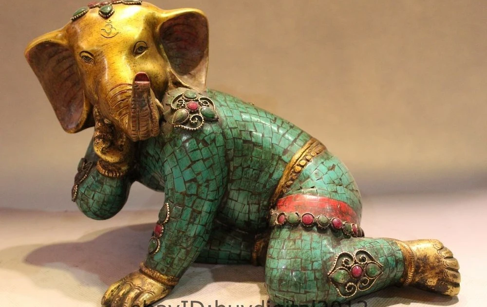 

11" Tibet Buddhism Temple Bronze inlay gem Red coral turquoise Lucky Elephant