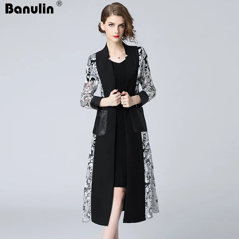 

Banulin Runway Spring Autumn Vintage Women Long Trench Coat Graceful Floral Embroidery Cadigan Spliced Patchwork Party Trench