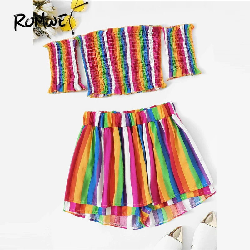 

ROMWE Lettuce Frill Shirred Colorful Striped Top With Shorts 2019 Off The Shoulder 2 Piece Set Summer Clothes For Women Sets