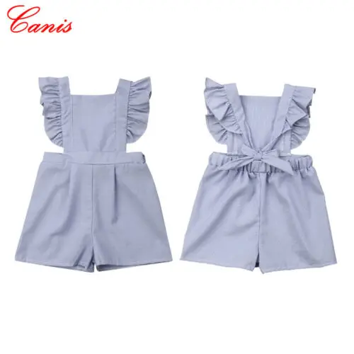 

Baby Girl Clothes Summer Blue Striped Overalls Romper Sleeveless Square Collar Bow Jumpsuit Outfits