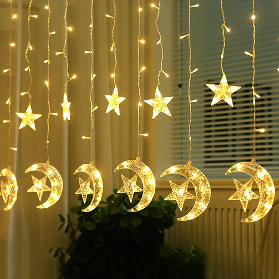 

Thrisdar 2.5M 138LED Star Moon Starry Curtain Window LED String Light Holiday Wedding Party Cafe Store Background Icicle Light
