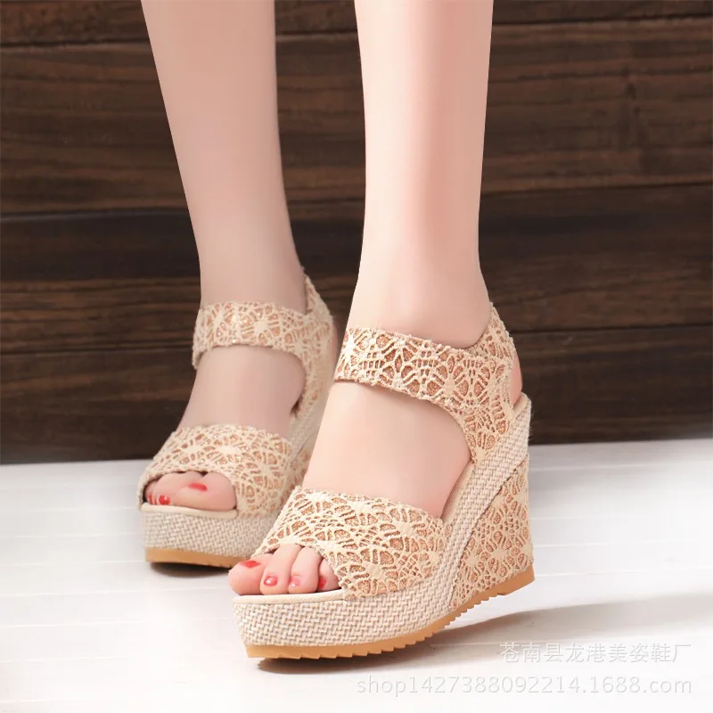 

Slope Heel Sandals Magic Paste Thick-soled Muffin Shoes Lace Hollow High-heeled Sandals for Women