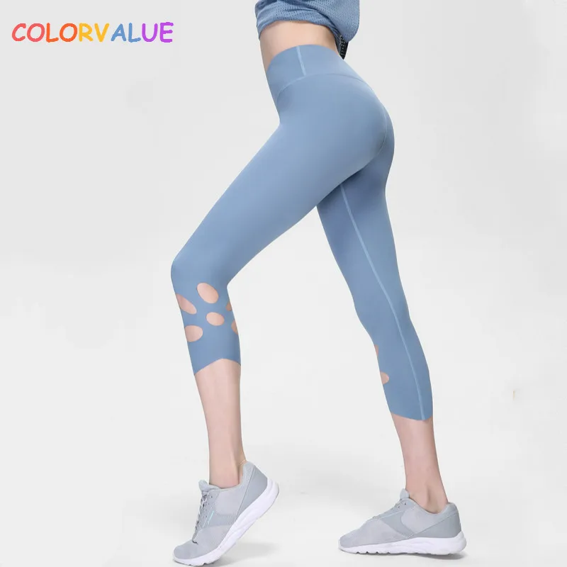 

Colorvalue Anti-sweat High Waist Yoga Gym Sport Capri Pants Women Side Hollow Out Soft Nylon Workout Dance Cropped Trousers