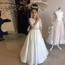 Платье с цветочным узором для Девочек Пышные Детские платья с короткими рукавами, кружевной аппликацией и бантом, пояс вышитый стразами, на шнуровке, для первого причастия