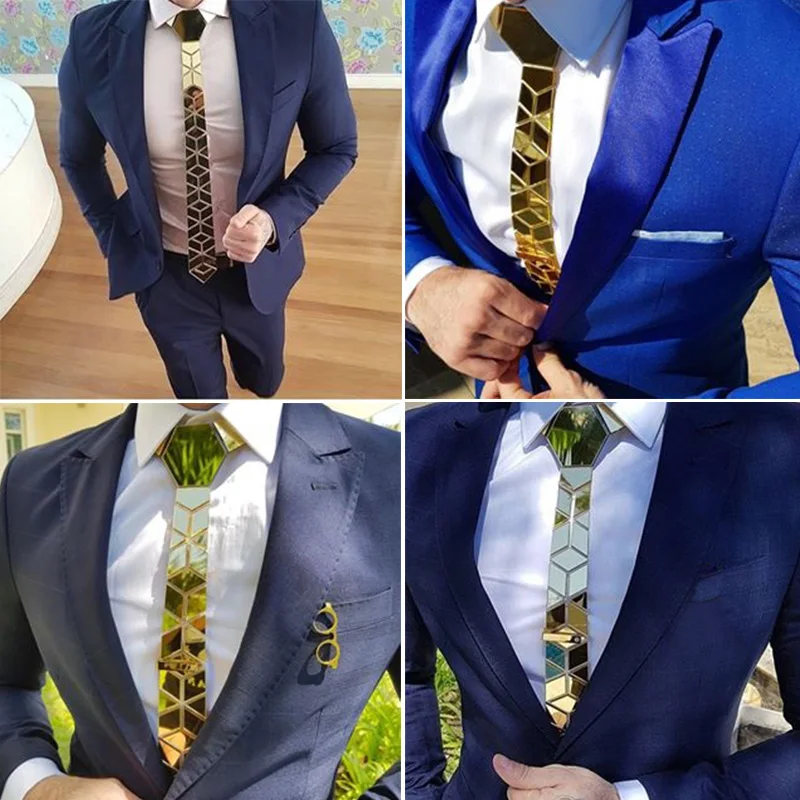 Corbata de espejo de oro brillante con forma de Diamante delgado para hombre Bling accesorio boda Club de noche cantante DJ Fashion Show Party Tie Suits - 2