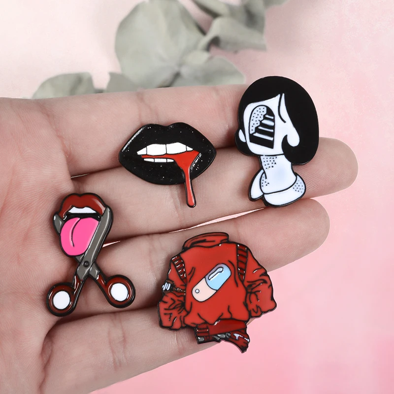 

Hot Sexy Girl Pins Red lips Black Mouth Pill Jackets Women Face Eyeliner Brooches Enamel pins Pins up Girl's Accessories