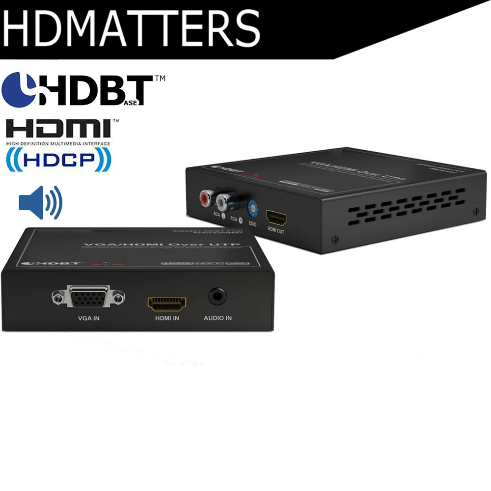 HDmatters Профессиональный 2-в-1 VGA HDMI HDbaset HDMI удлинитель с L/R стерео аудио выход PoH HDbaseT до 100 м