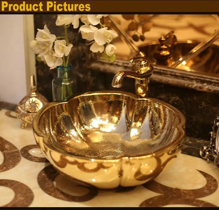 

Europe Vintage Style Luxurious Golden Glazed ceramics vanity basin Art Countertop sinks ceramic wash hand basins