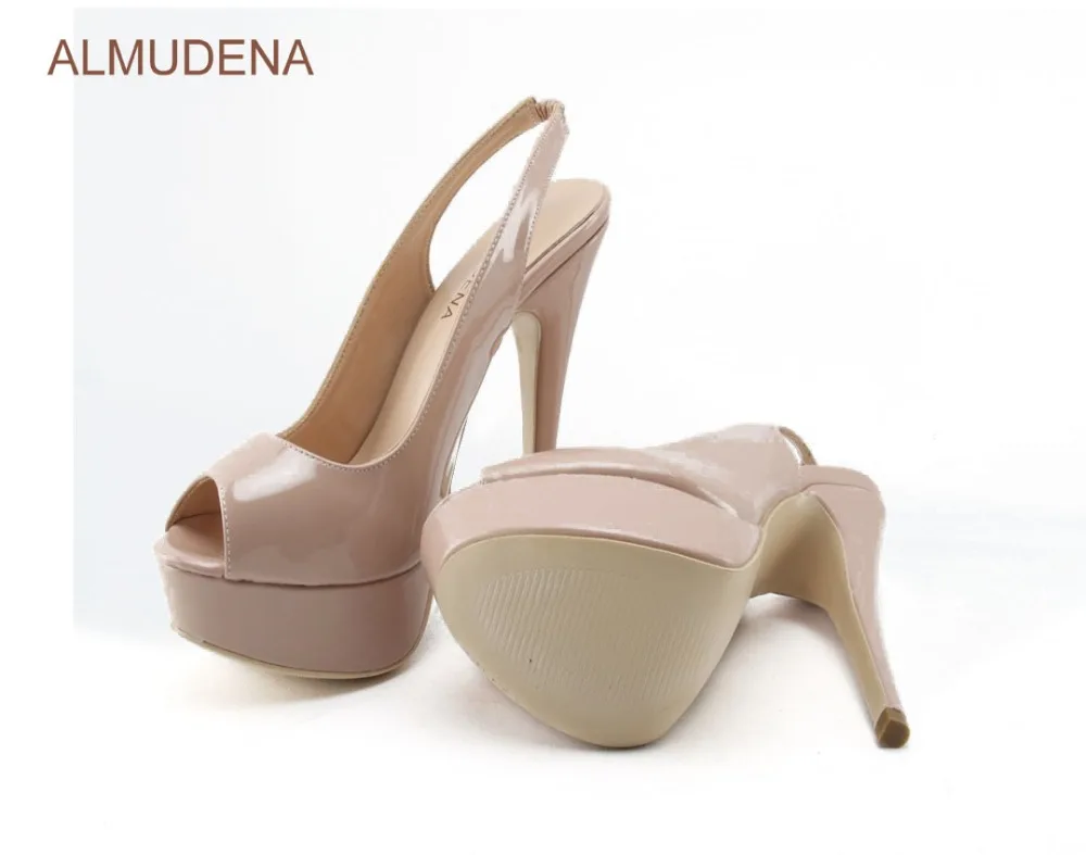 ALMUDENA/Элегантные открытые туфли-лодочки из лакированной кожи с открытым носком; модельные туфли с ремешком на пятке и эластичными лентами; туфли-лодочки для вечеринок на шпильке и платформе